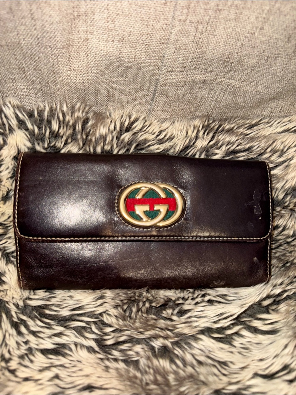 Gucci Dark Brown Leather Continental Wallet with Red and Green Logo Accent
